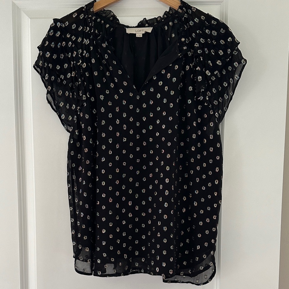 LOFT Black Holographic Patterned Blouse - Size Medium
